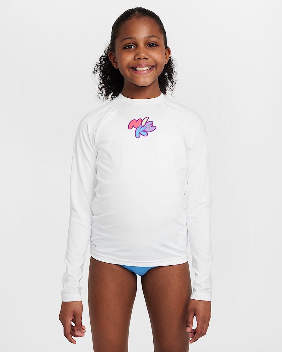 Playera hydroguard de manga larga Dri-FIT para niña talla grande Nike Swim - Blanco/Morado vivo/Hortensias/Negro