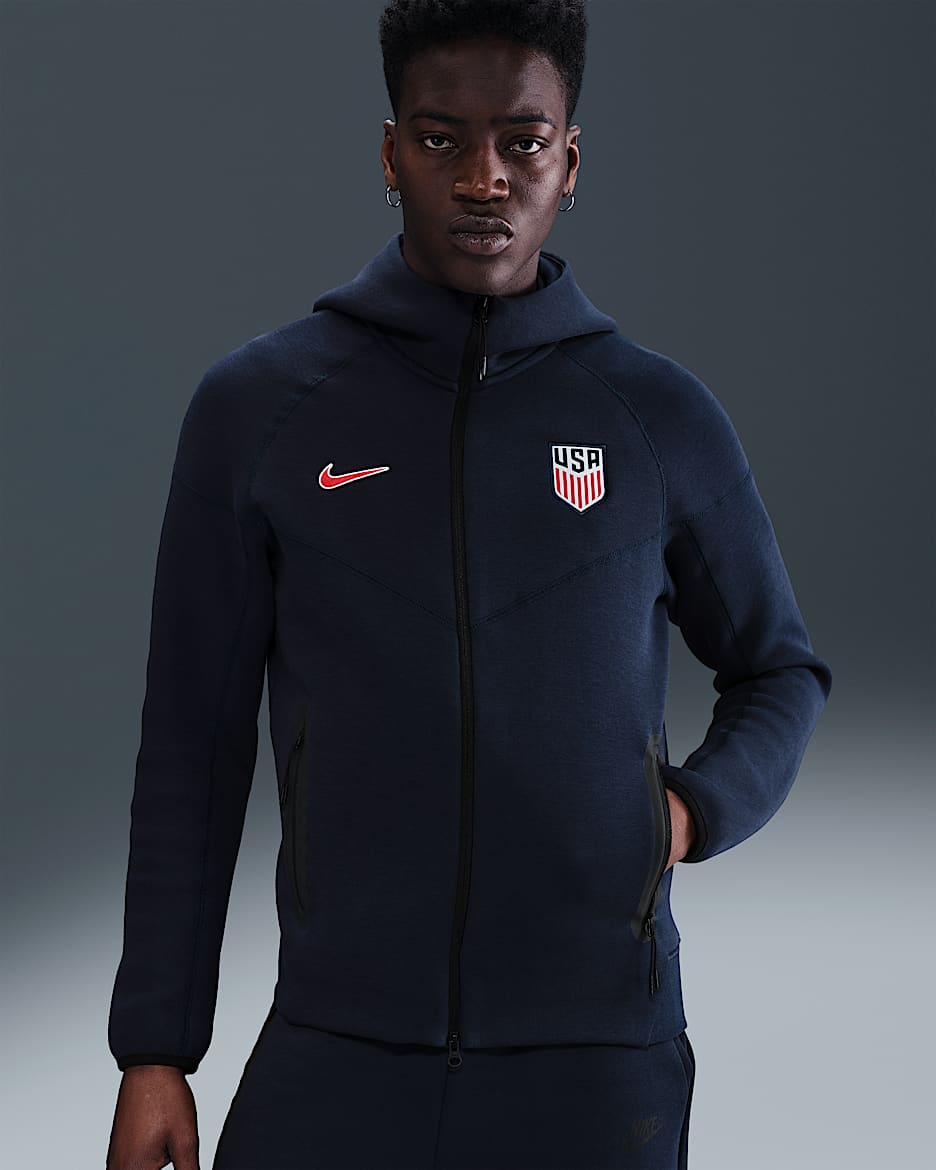 Sudadera con gorro de fútbol Nike de tejido Fleece de cierre completo para mujer USMNT Tech Windrunner - Obsidiana/Rojo reto