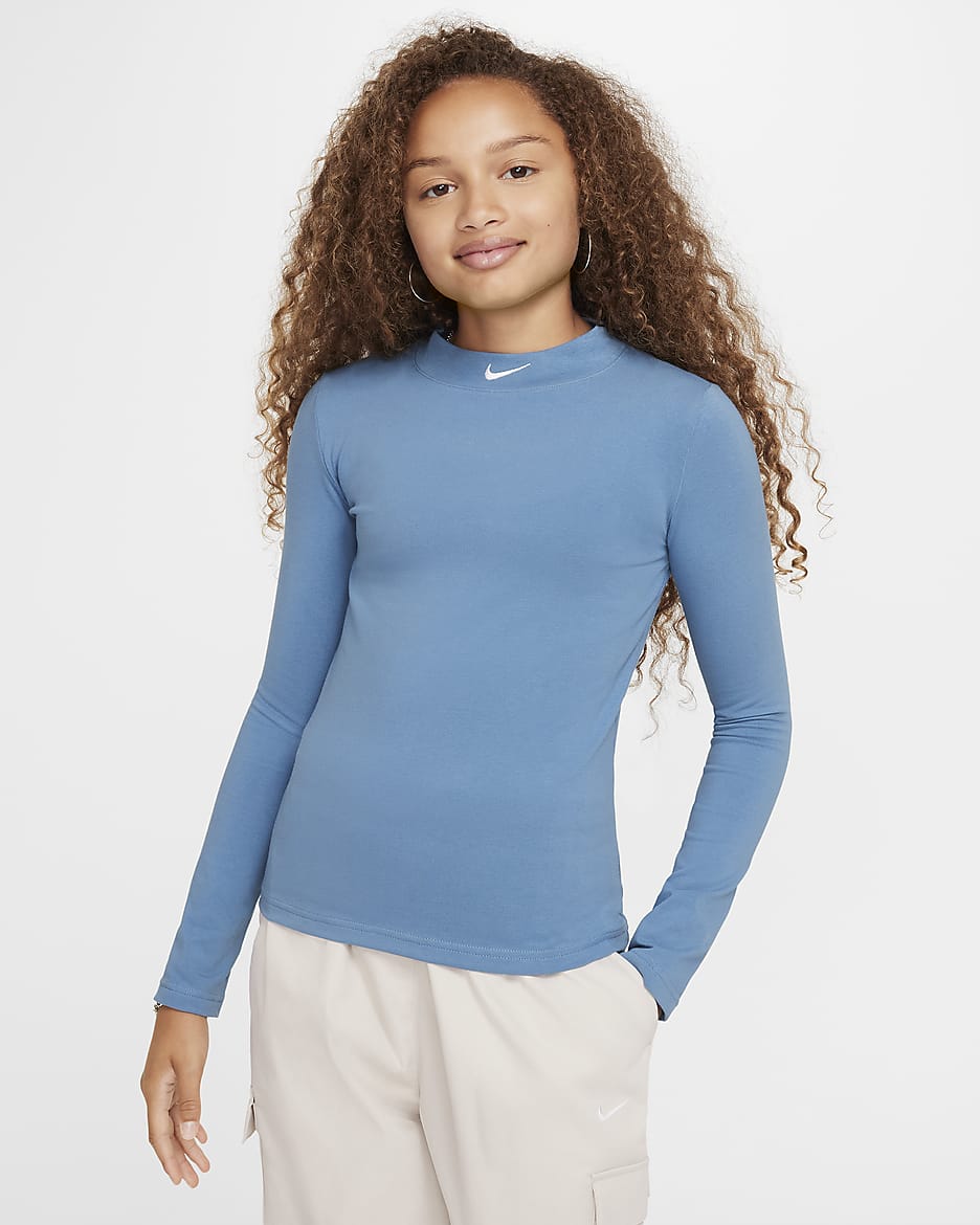 Nike Sportswear Girls' Long-Sleeve Top - Aegean Storm/White