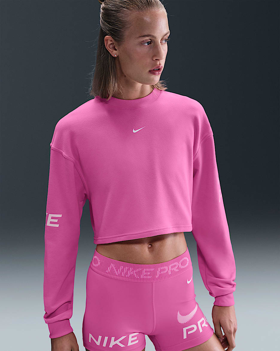 Nike Pro Women's Dri-FIT Loose Crew-Neck French Terry Sweatshirt - Playful Pink/Pink Foam/White