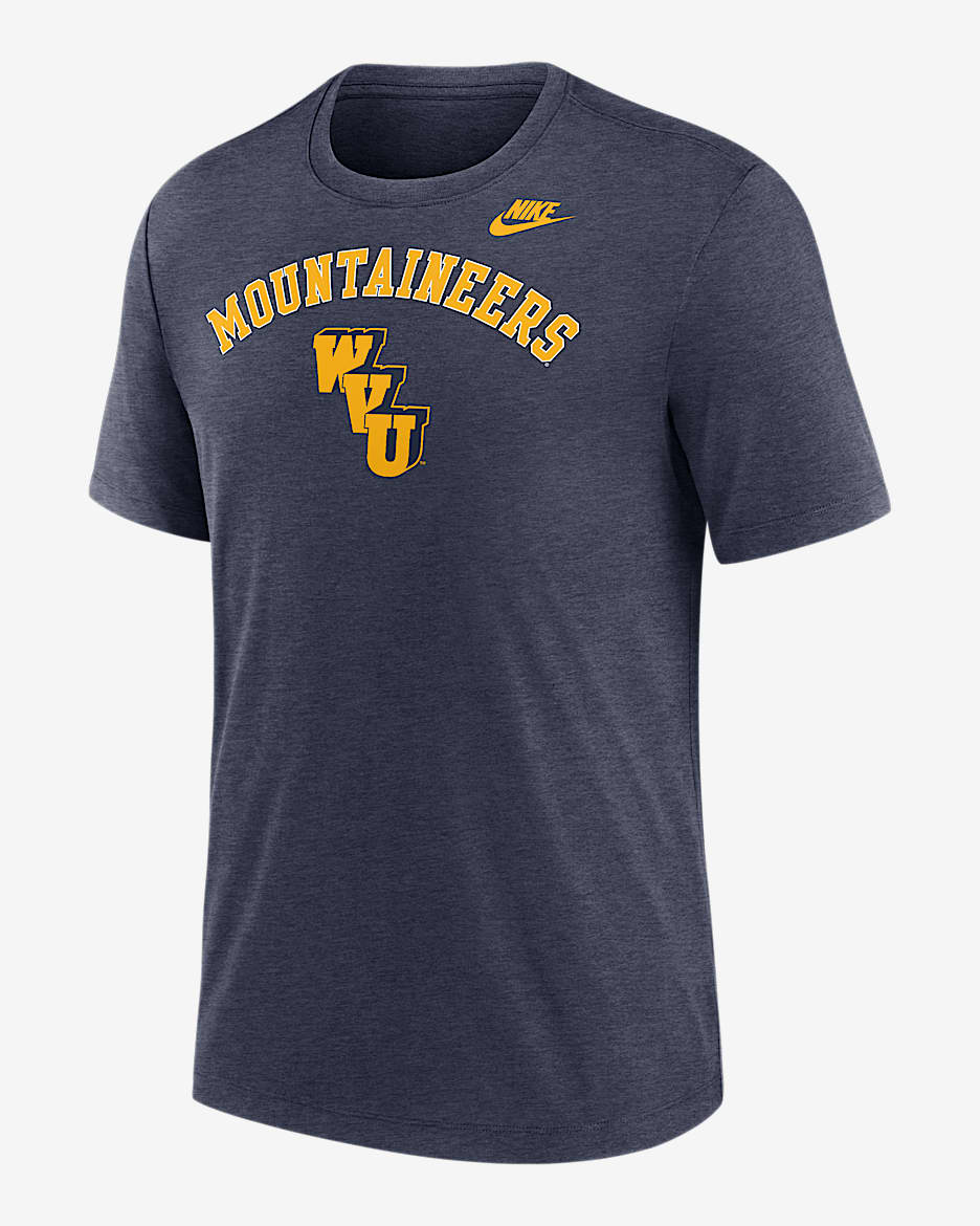 Playera universitaria Nike para hombre West Virginia Legacy Arch - Azul marino jaspeado