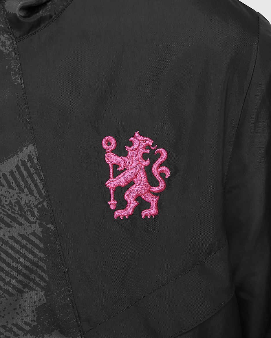 Chamarra tipo anorak de fútbol Nike del Chelsea FC alternativa Amplify Windrunner para niño talla grande - Negro/Negro/Rosa óptimo