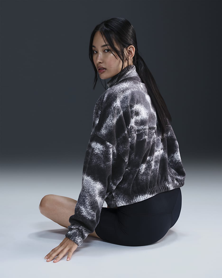 Nike One Women's Therma-FIT Oversized 1/2-Zip Fleece Printed Top - Black/Black