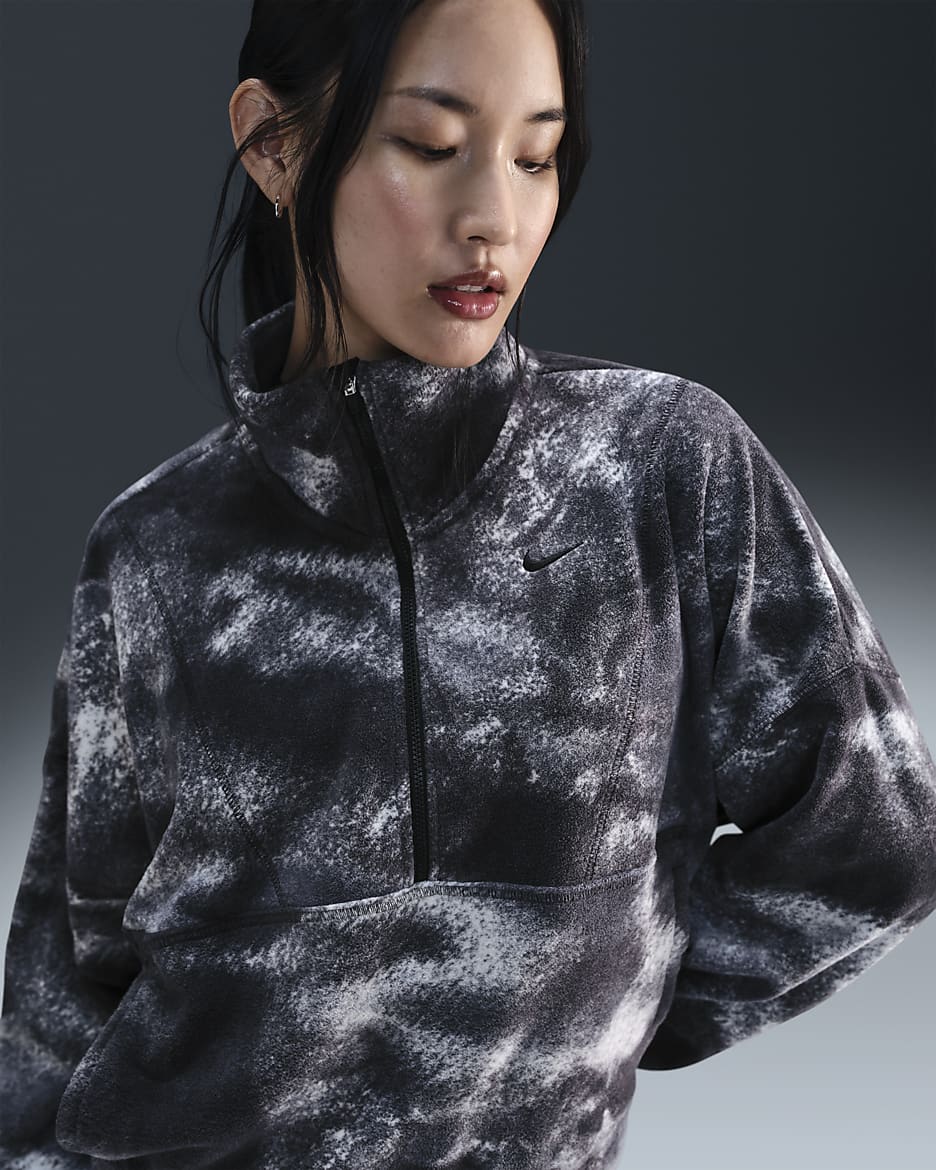 Mönstrad fleecetröja Nike One Therma-FIT i oversize-modell med halv dragkedja för kvinnor - Svart/Svart