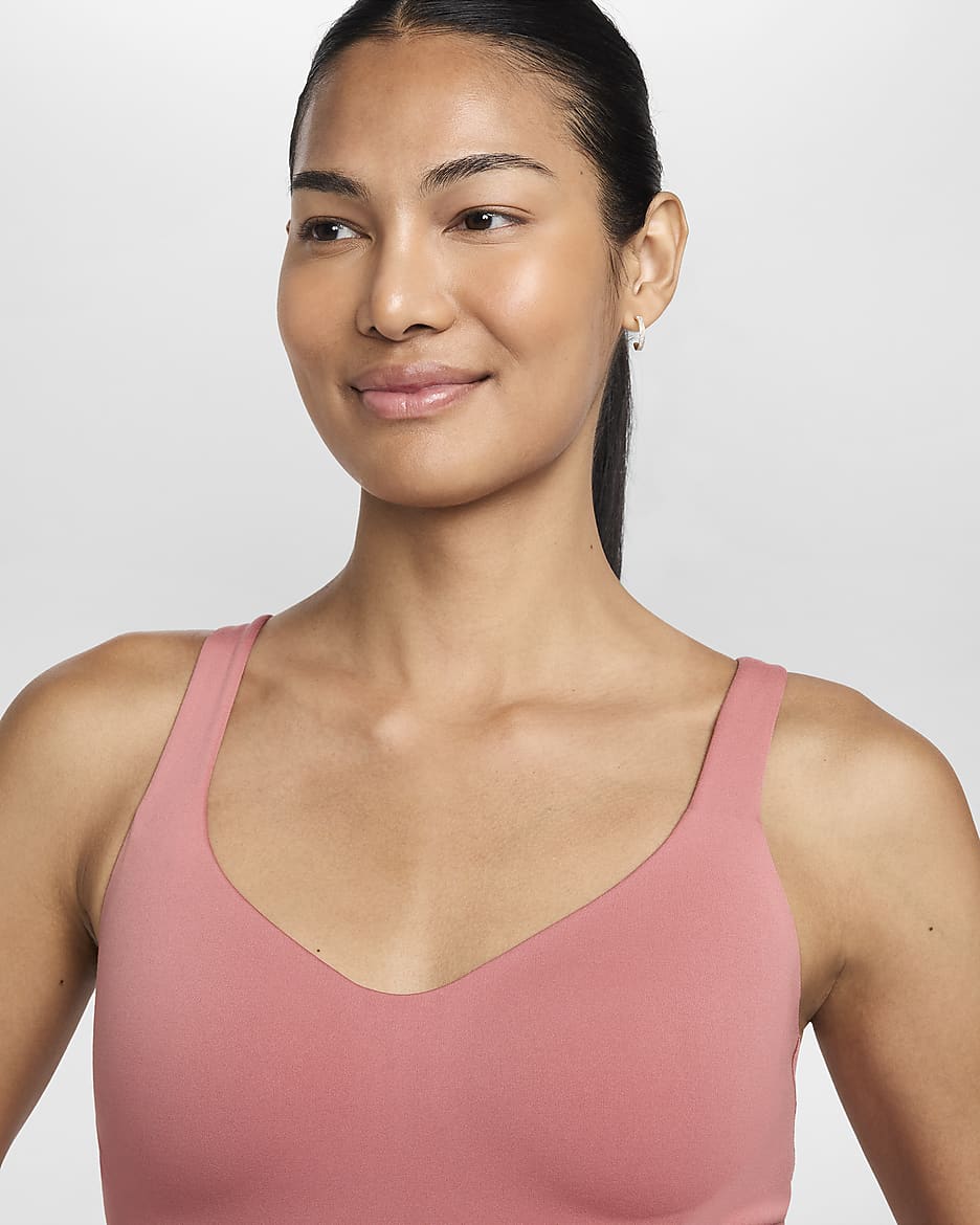 Camiseta de tirantes con bra deportivo de sujeción media con almohadillas para mujer Nike Alate - Rosa cañón/Blanco