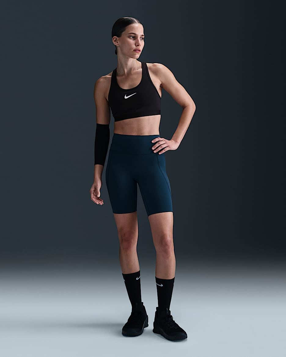 Nike Universa Bike-Shorts mit Taschen, mittlerem Halt und hohem Bund für Damen (ca. 20,5 cm) - Armory Navy/Anthracite/Rift Blue