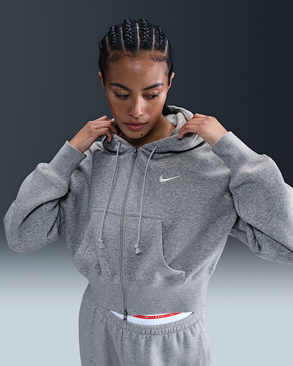 Nike Sportswear Phoenix Fleece ruimvallende korte hoodie met rits over de hele lengte voor dames - Dark Grey Heather/Sail