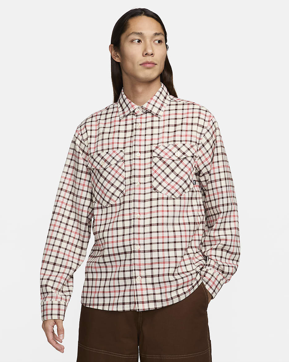 Nike SB Long-Sleeve Flannel Skate Button-Up Shirt - Coconut Milk/Light Bone