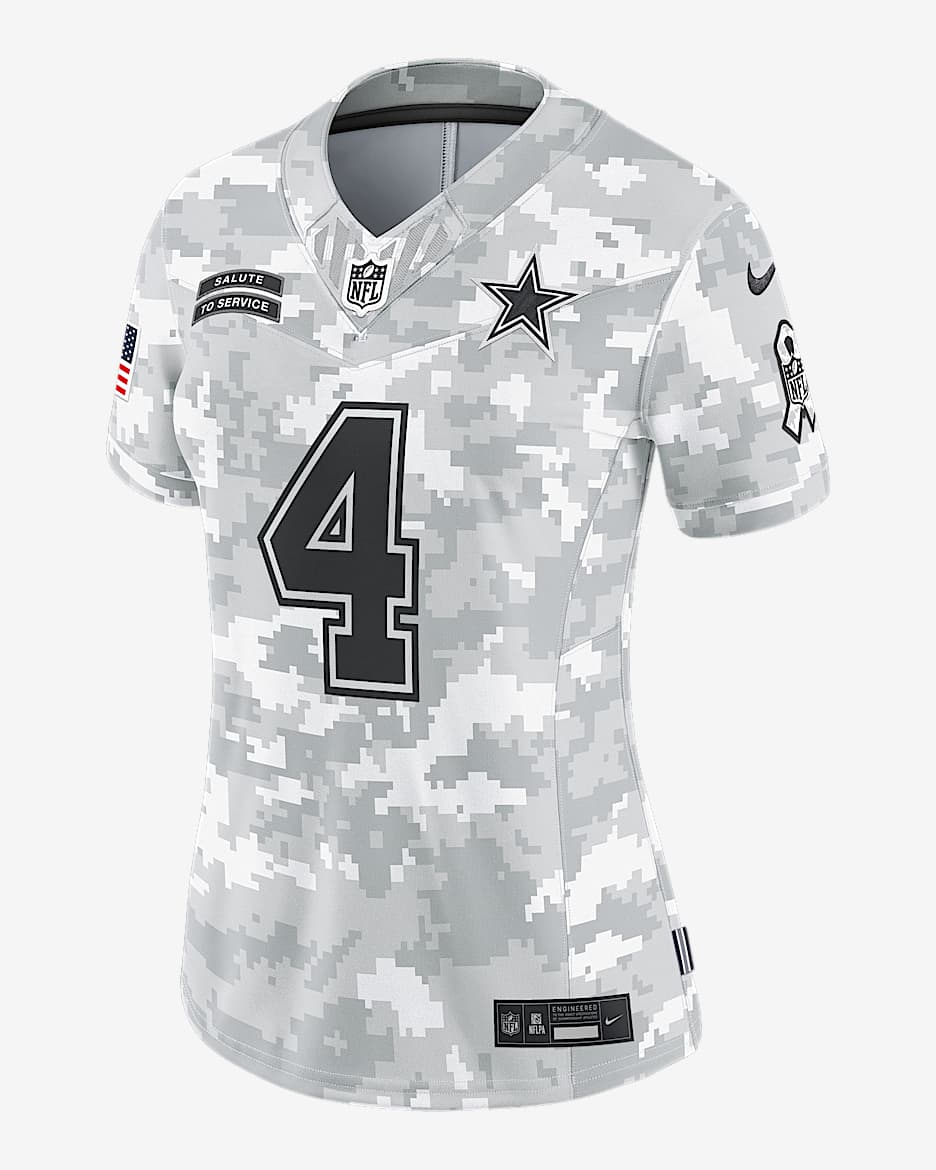 Jersey Nike Dri-FIT de la NFL Limited para mujer Dak Prescott Dallas Cowboys Salute to Service - Blanco