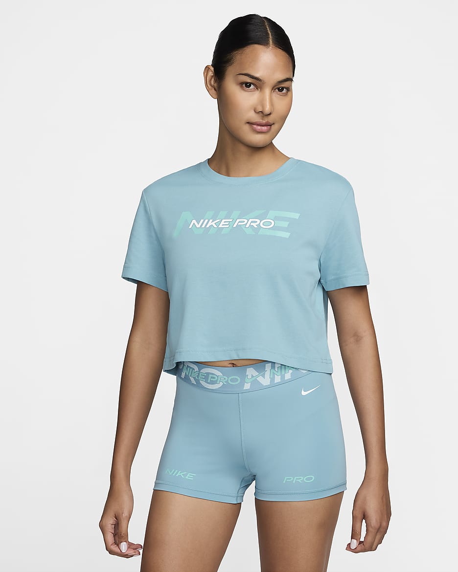 Nike Pro Women's Short-Sleeve Cropped T-Shirt - Denim Turquoise