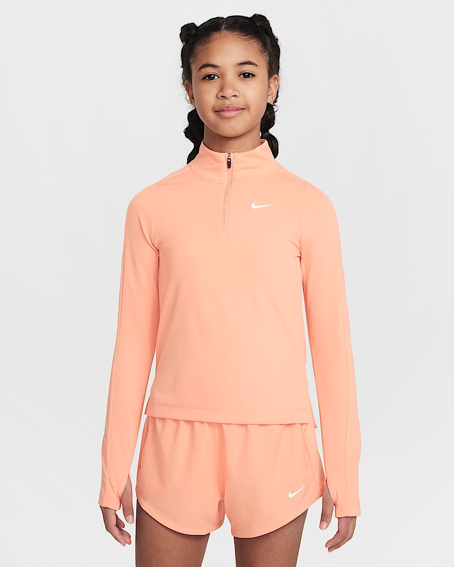 Långärmad tröja Nike Dri-FIT med kvartslång dragkedja för tjejer - Apricot Agate/Vit