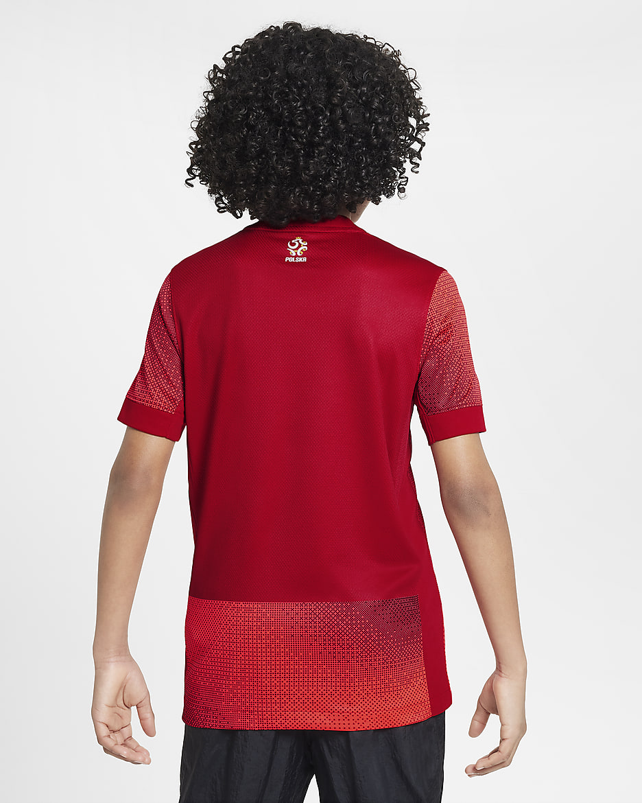 Lengyelország 2024/25 Stadium idegenbeli Nike Dri-FIT replika futballpóló nagyobb gyerekeknek - Bright Crimson/Gym Red/Team Red/Fehér