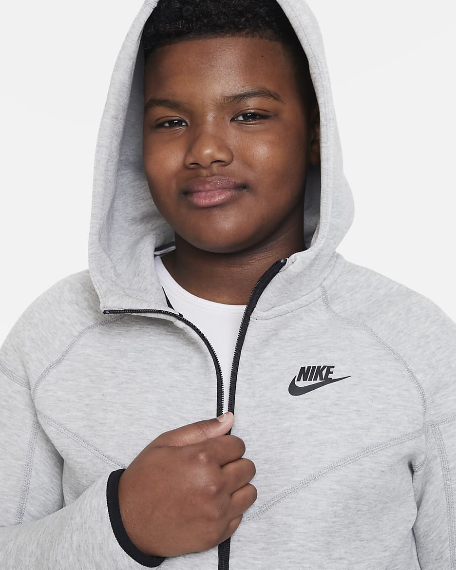 Nike Sportswear Tech Fleece Hoodie mit durchgehendem Reißverschluss für ältere Kinder (Jungen) (erweiterte Größe) - Dark Grey Heather/Schwarz/Schwarz