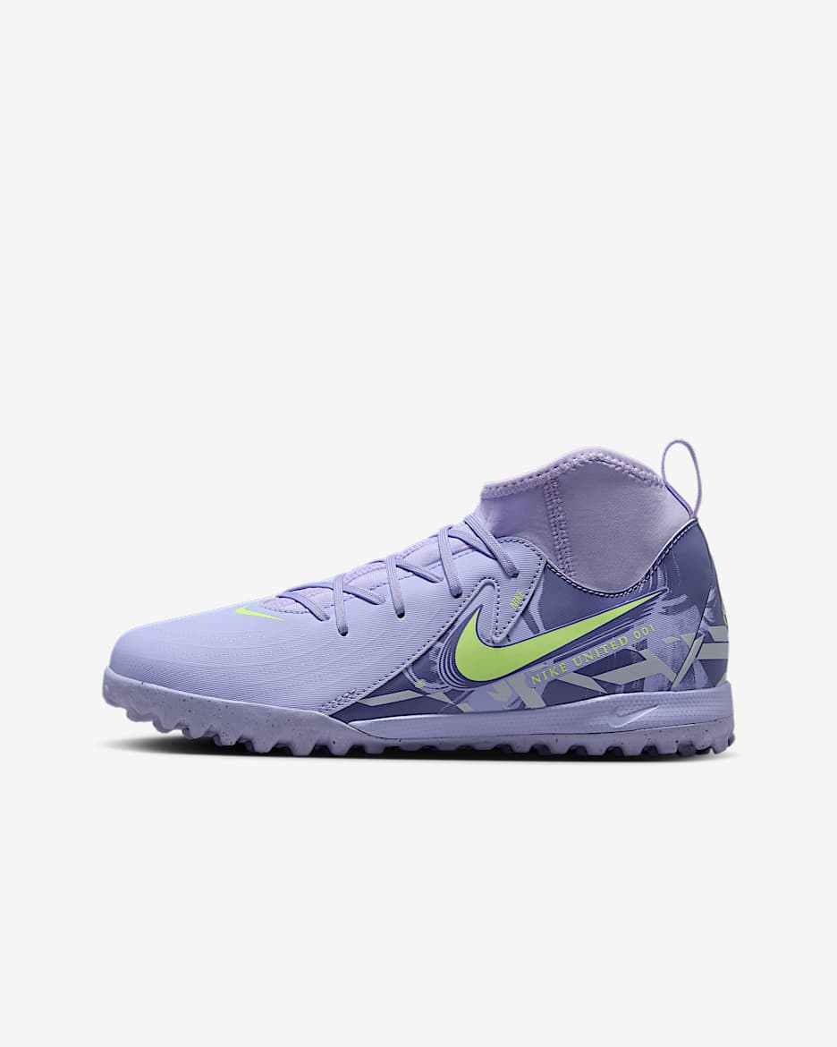 Tacos de fútbol TF high para niños grandes Nike United Jr. Phantom Luna 2 Academy - Ágata morado/Voltio ligero