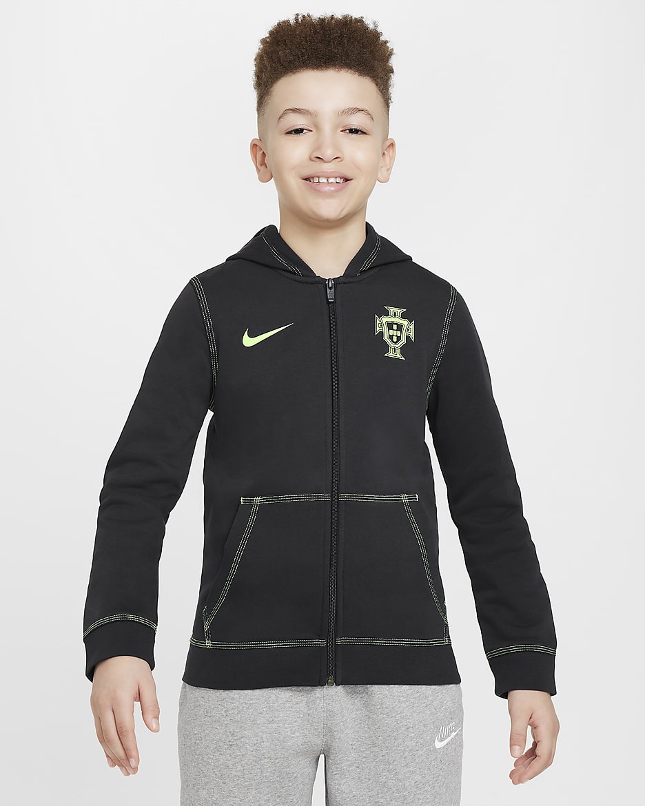 Portugal Older Kids' (Boys') Full-Zip French Terry Hoodie - Pitch Blue/Lime Blast