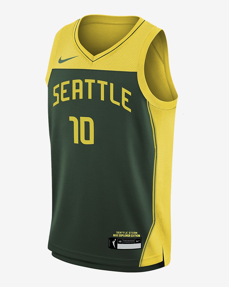 Jersey de la WNBA de alero polivalente Nike Dri-FIT para niño talla grande Sue Bird Seattle Storm 2024 Explorer Edition - Abeto