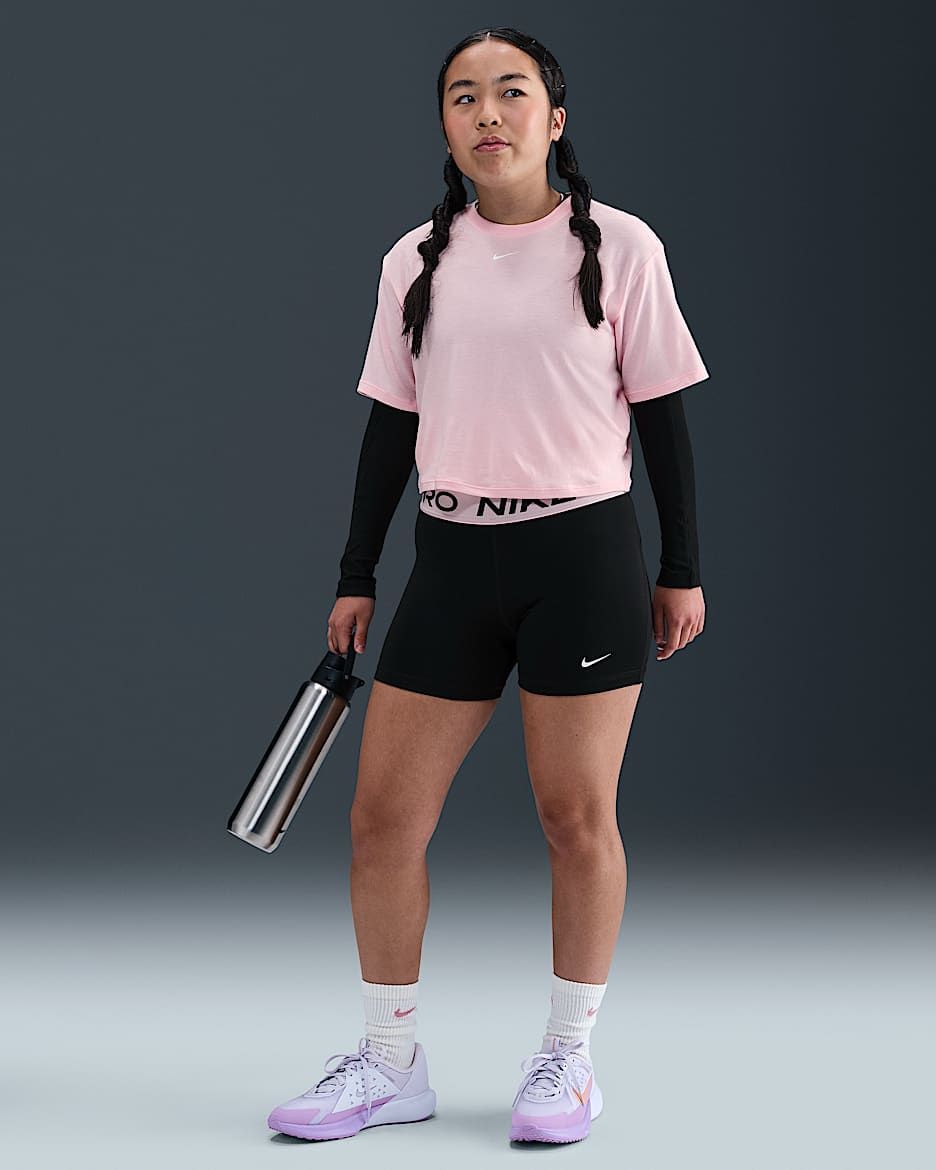 Shorts Dri-FIT para niña (talla amplia) Nike Pro - Negro/Rosa suave medio/Blanco