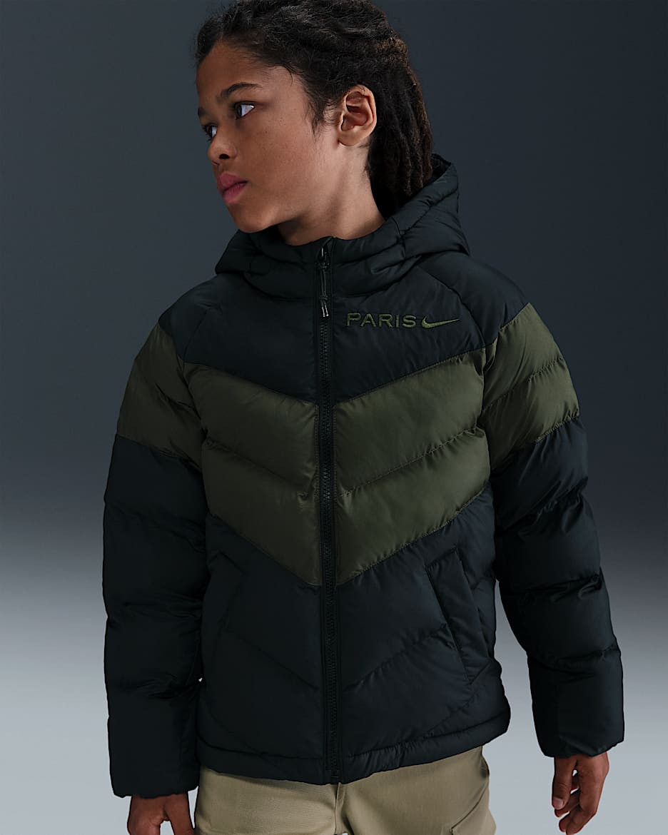 Paris Saint-Germain Older Kids' Nike Football Synthetic Fill Hooded Jacket - Black/Cargo Khaki/Cargo Khaki