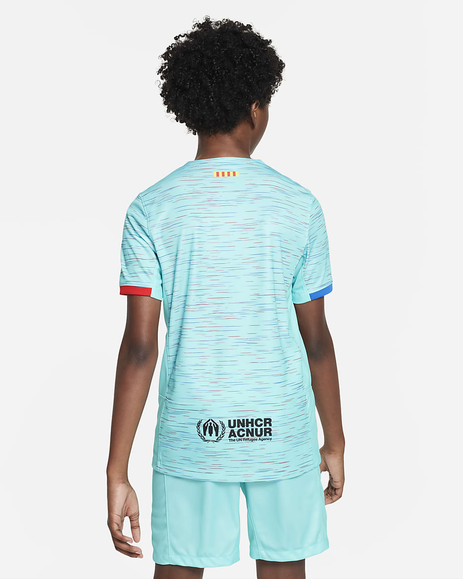 FC Barcelona 2023/24 Stadium Third Nike Dri-FIT Fußballtrikot für ältere Kinder - Aqua/Royal Blue/University Red/Schwarz