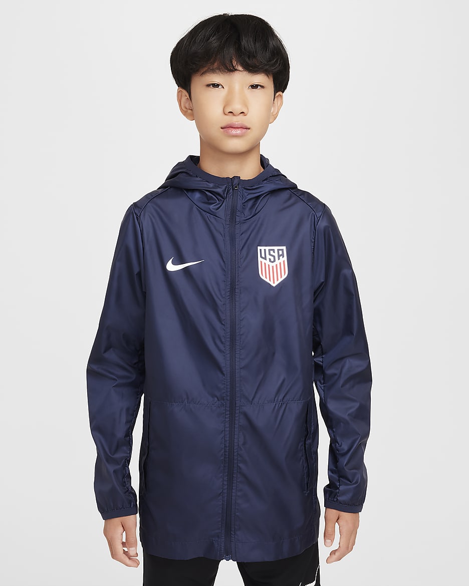 USMNT Academy Pro Big Kids' Nike Soccer Hooded Rain Jacket - Obsidian/White