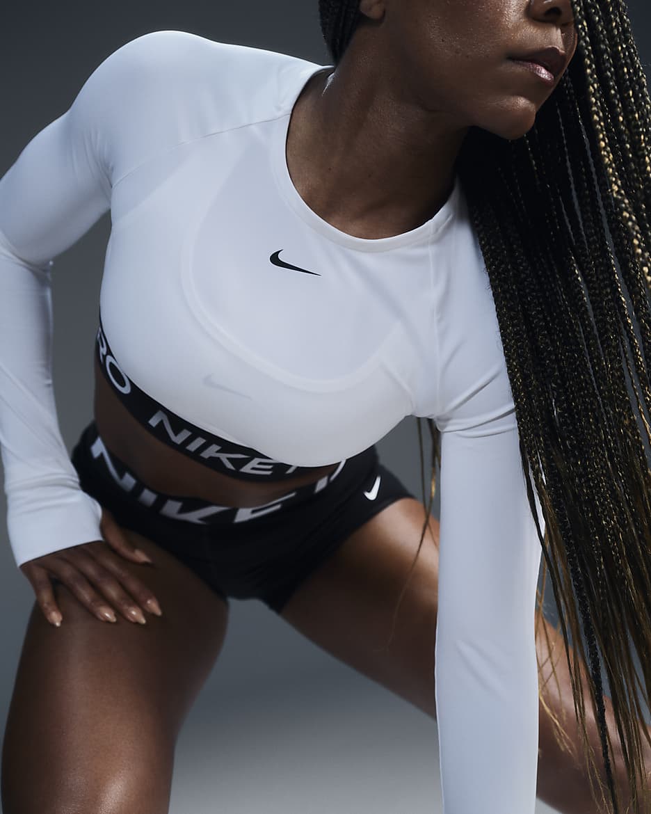 Haut court à manches longues Dri-FIT Nike Pro pour femme - Blanc/Noir