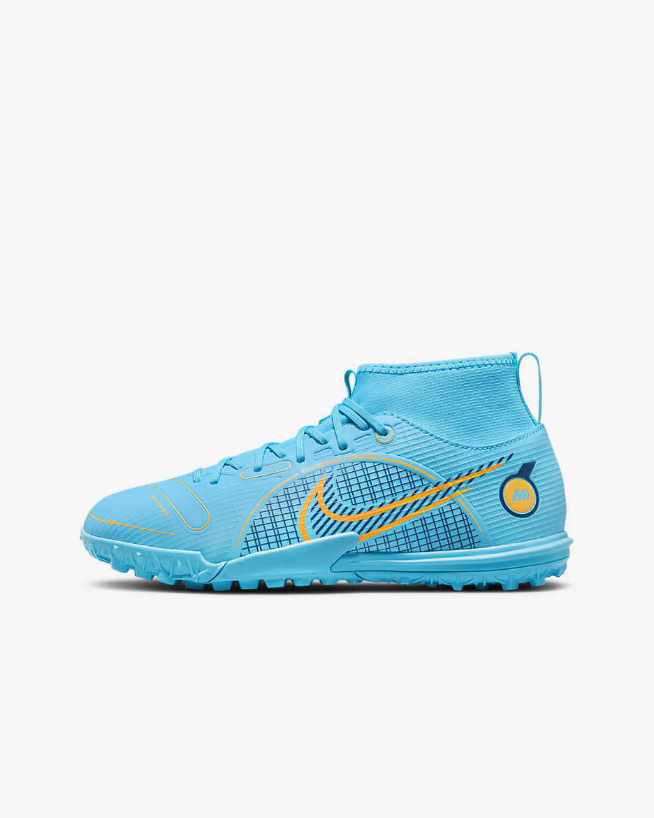 Calzado de fútbol para pasto sintético (turf) para niños talla pequeña/grande Nike Jr. Mercurial Superfly 8 Academy TF - Azul cloro/Marina/Naranja láser