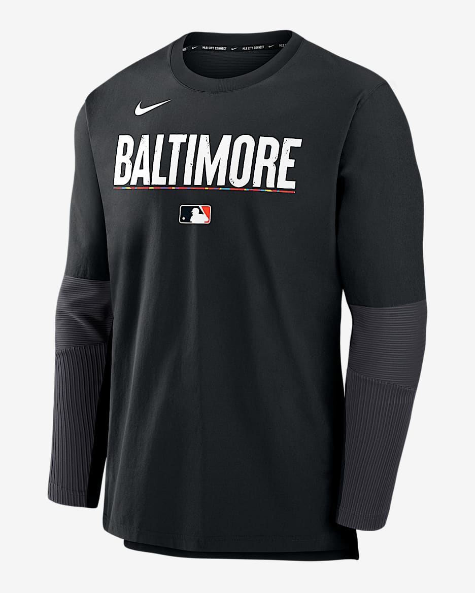Chamarra sin cierre Nike Dri-FIT de la MLB para hombre Baltimore Orioles Authentic Collection City Connect Player - Negro
