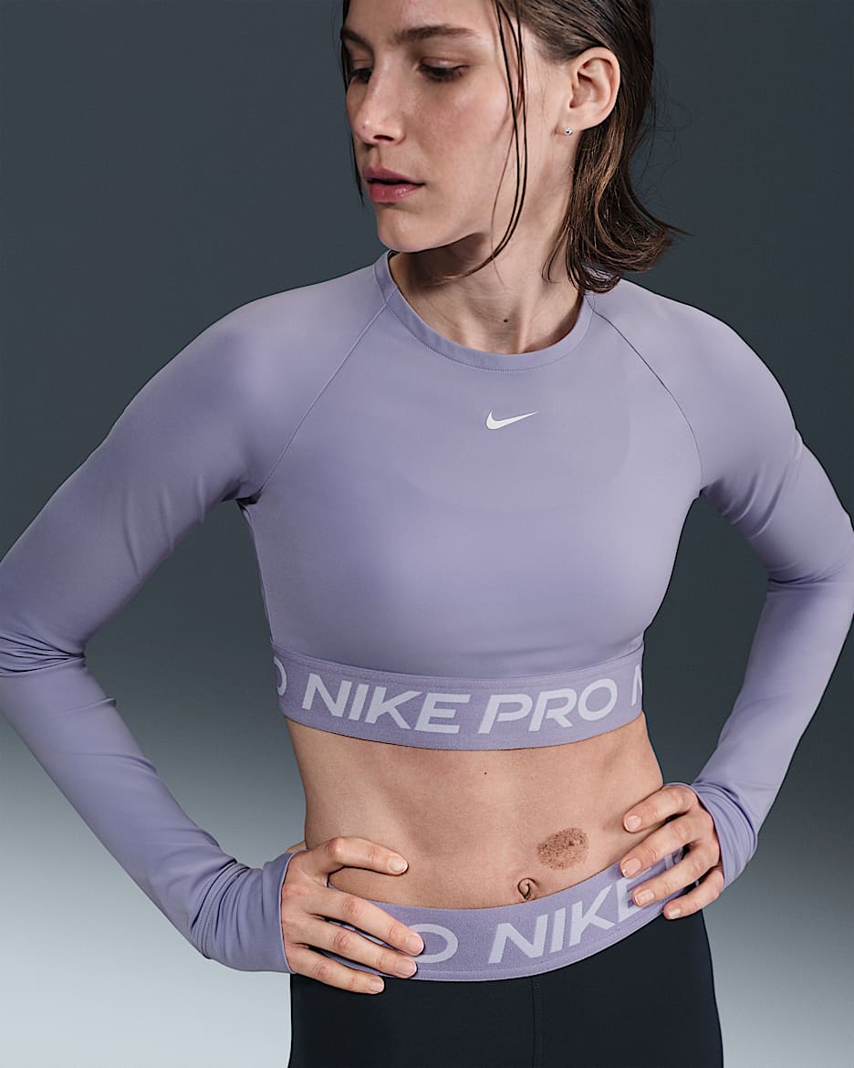 Nike Pro Women's Dri-FIT Cropped Long-Sleeve Top - Lilac Ice/White