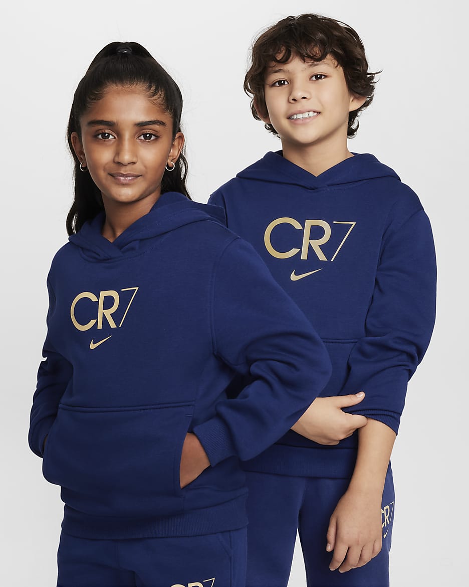 Bluza piłkarska z kapturem dla dużych dzieci CR7 Club Fleece - Blue Void/Metallic Gold