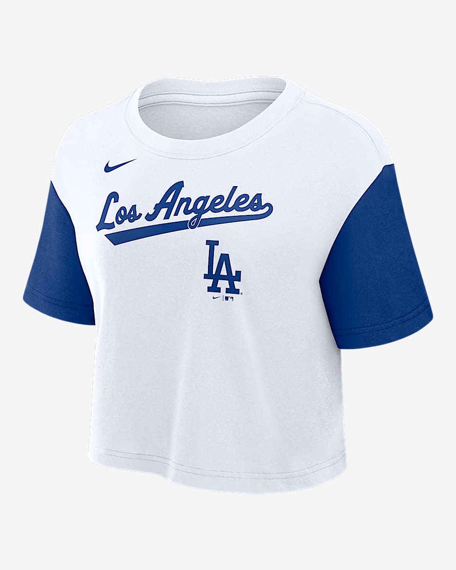 Playera Nike Dri-FIT de la MLB cropped para mujer Los Angeles Dodgers Script - Blanco