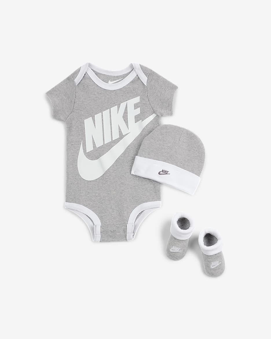 Caja de conjunto de body de tres piezas para bebé (de 0 a 9 meses) Nike Futura - Gris claro jaspeado