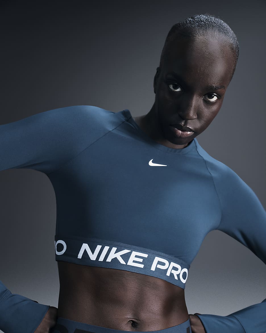 Kort Nike Pro Dri-FIT-top med lange ærmer til kvinder - Armory Navy/sort/hvid