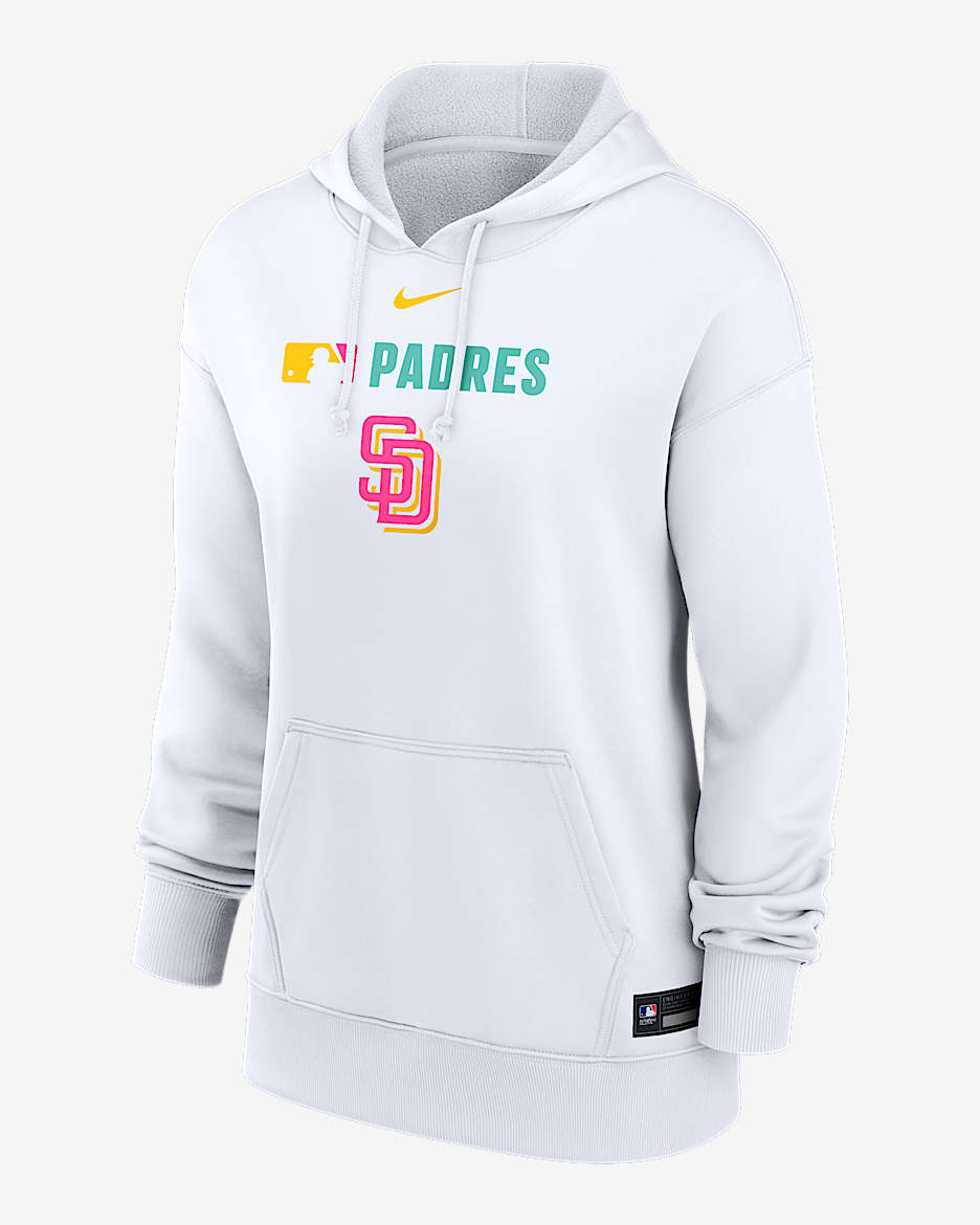 Sudadera con gorro sin cierre Nike Therma de la MLB para mujer San Diego Padres Authentic Collection City Connect - Blanco