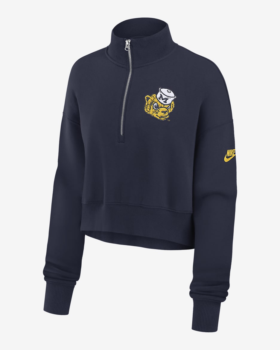 Michigan Wolverines Legacy Elevated Logo Women's Nike College Cropped 1/4-Zip Crew - College Navy