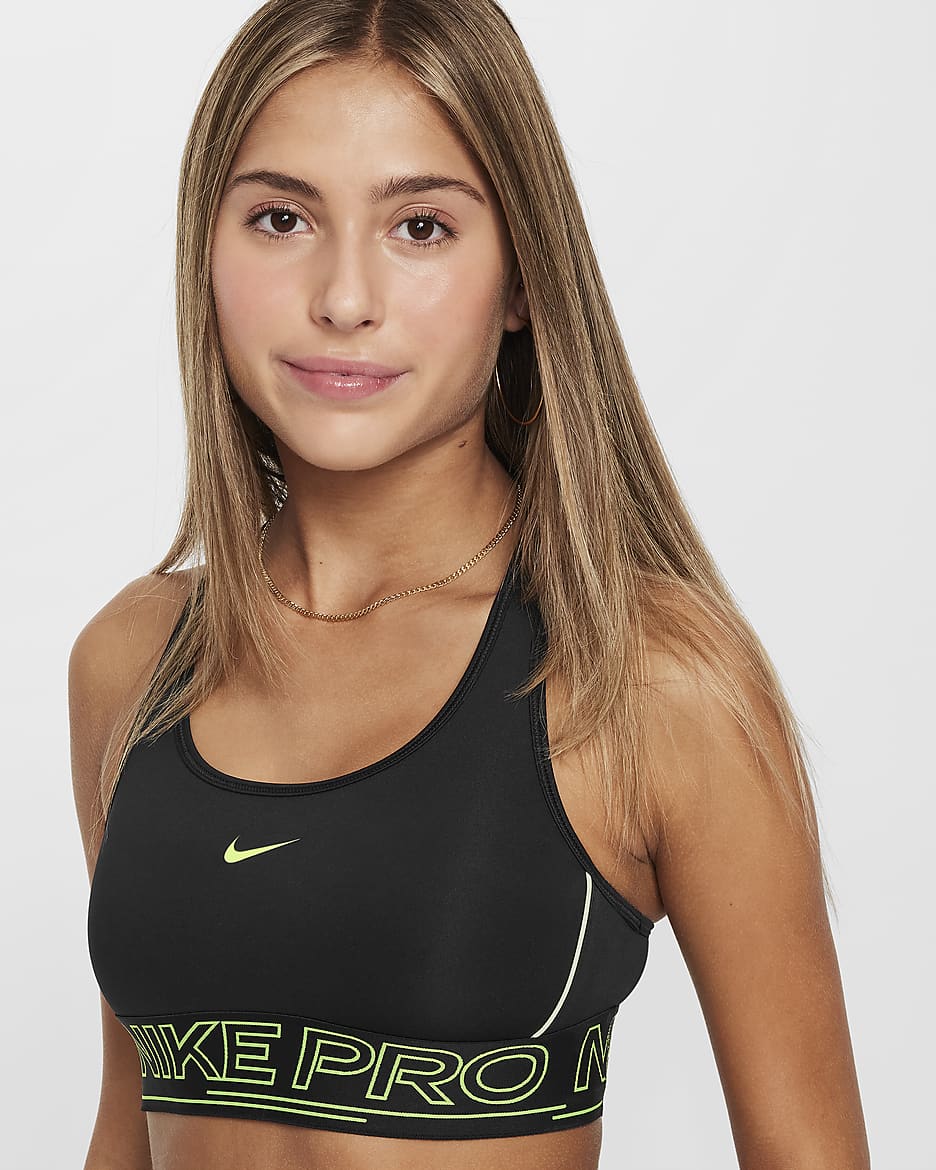 Brassière de sport Nike Pro Swoosh pour fille - Noir/Volt/Volt