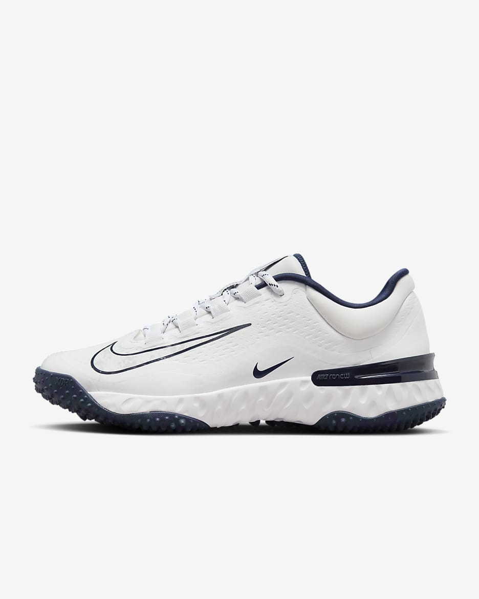Tenis de softball para mujer Nike Alpha Huarache Elite 4 Turf - Blanco/Azul marino medianoche/Azul marino/Platino puro