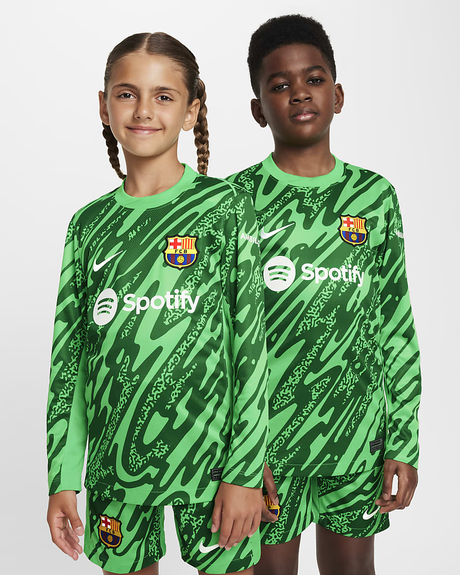 FC Barcelona 2024 Stadium Goalkeeper Big Kids' Nike Dri-FIT Soccer Replica Jersey - Green Spark/Green Spark/Pine Green/White