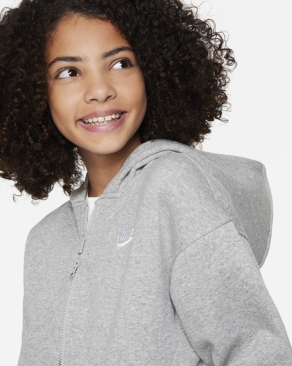 Nike Sportswear Club Fleece Big Kids' Oversized Full-Zip Hoodie - Dark Grey Heather/White