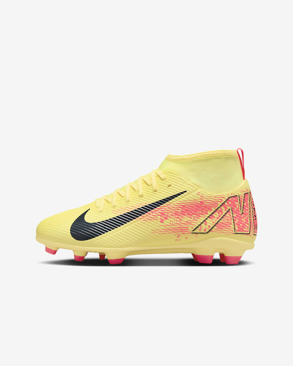 Tacos de fútbol MG high para niños talla pequeña/grande Nike Jr. Mercurial Superfly 10 Club "Kylian Mbappé" - Naranja láser claro/Azul marino militar