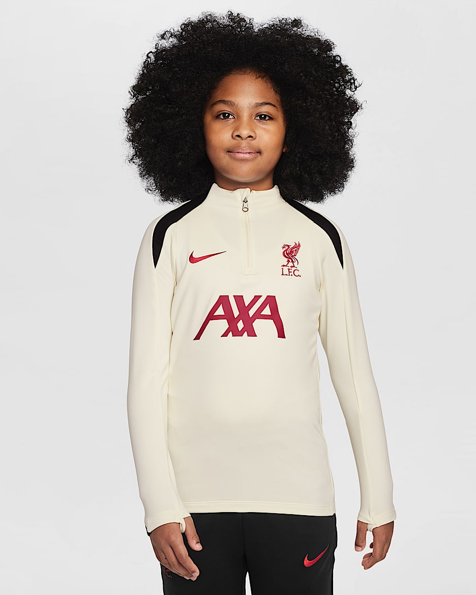 Playera de entrenamiento de fútbol Nike Dri-FIT del Liverpool FC Strike Special Edition para niños talla grande - Leche de coco/Negro/Rojo gimnasio