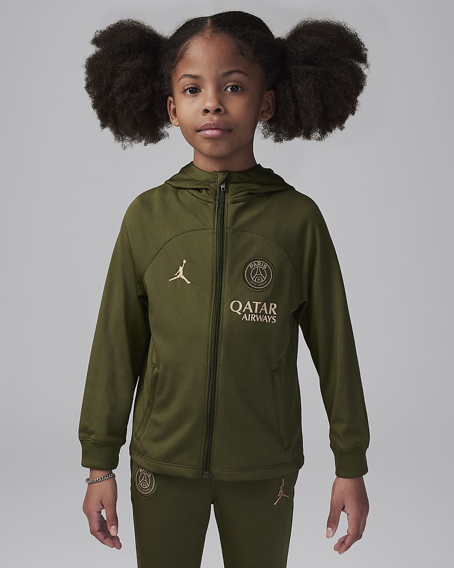 Stickad fotbollstracksuit Paris Saint-Germain Strike (fjärdeställ) Jordan Dri-FIT med huva för barn - Rough Green/Hemp