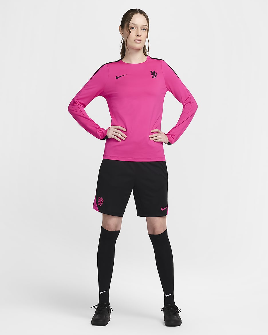 Maglia da calcio a girocollo Nike Dri-FIT Chelsea FC Strike da donna – Terza - Pink Prime/Pink Prime/Nero/Nero