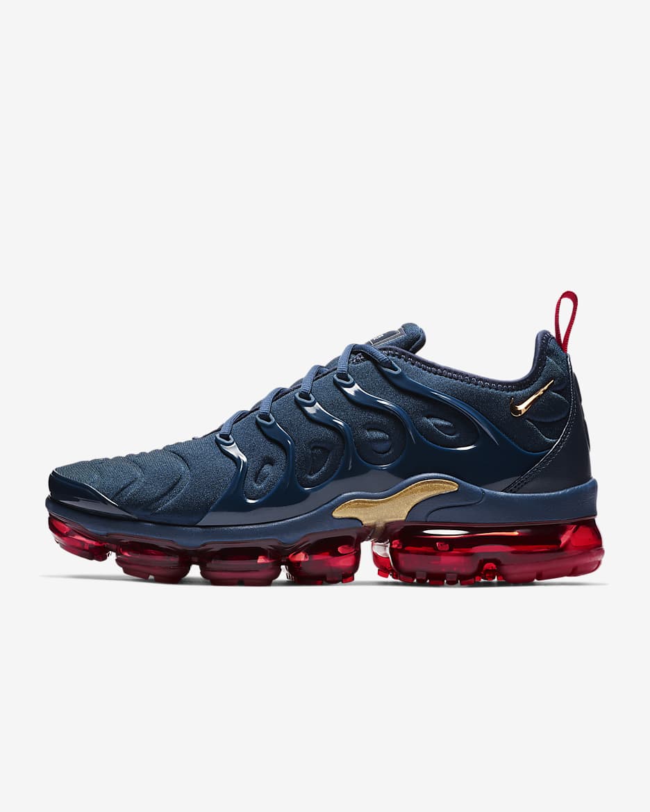 Tenis para hombre Nike Air VaporMax Plus - Azul marino medianoche/Negro/Rojo universitario/Oro metalizado