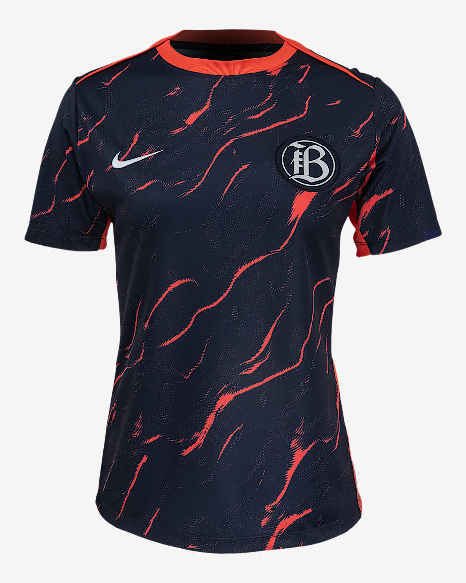 Playera de manga corta Nike de la NWSL para antes del partido para mujer Bay FC 2025 - Coral enérgico/Obsidiana
