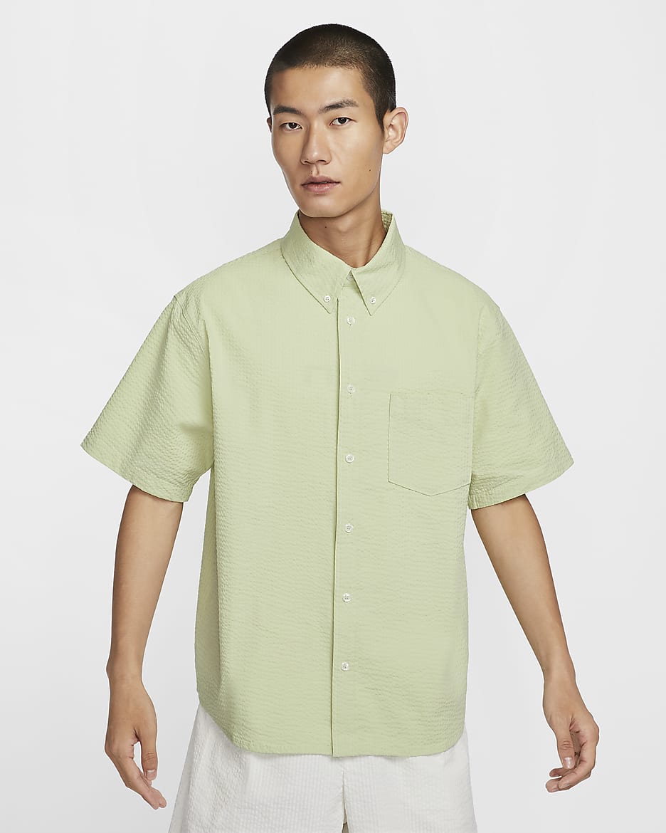 Nike Life Men's Short-Sleeve Seersucker Button-Down Shirt - Olive Aura/Olive Aura