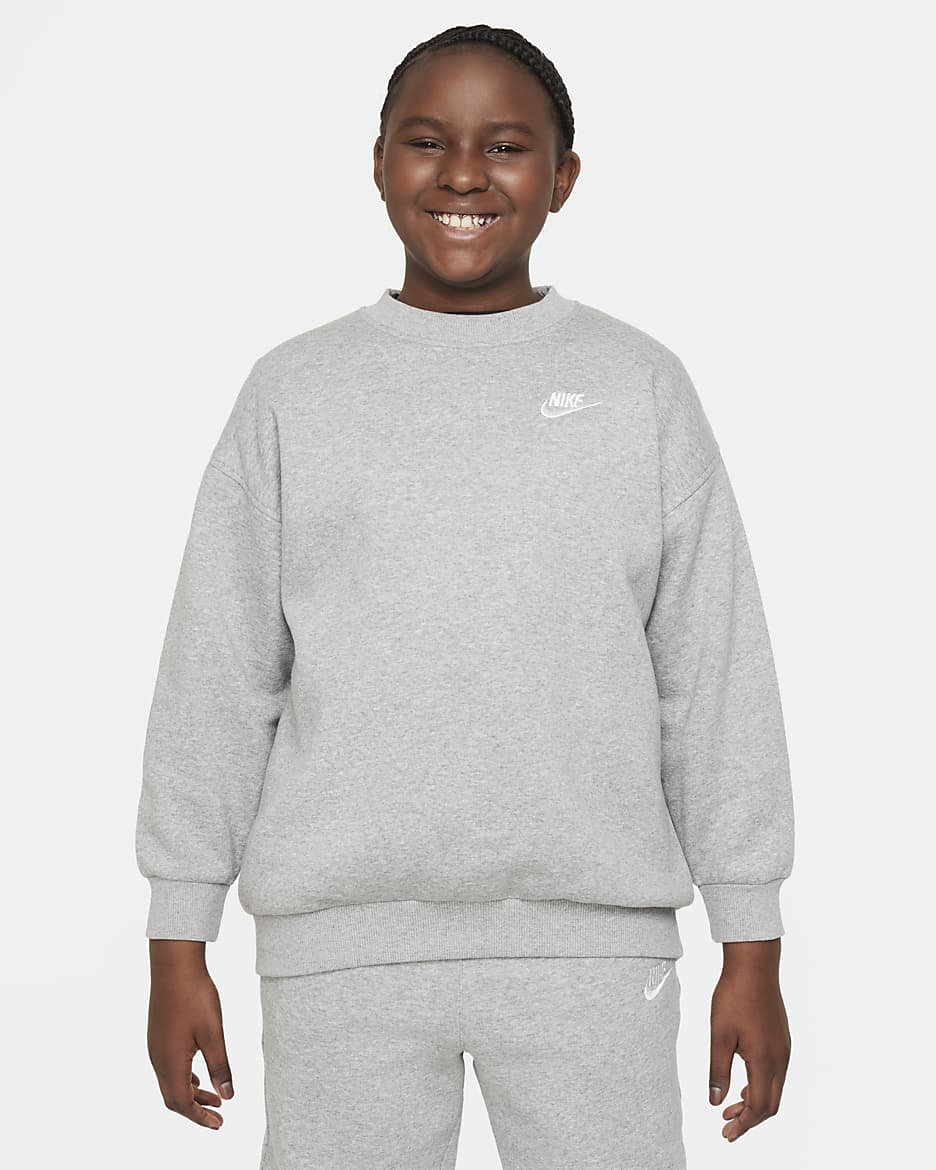 Nike Sportswear Club Fleece Big Kids' (Girls') Oversized Sweatshirt (Extended Size) - Dark Grey Heather/White