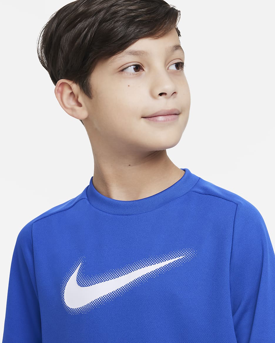 Nike Multi Dri-FIT Trainingsoberteil mit Grafik für ältere Kinder (Jungen) - Game Royal/Weiß