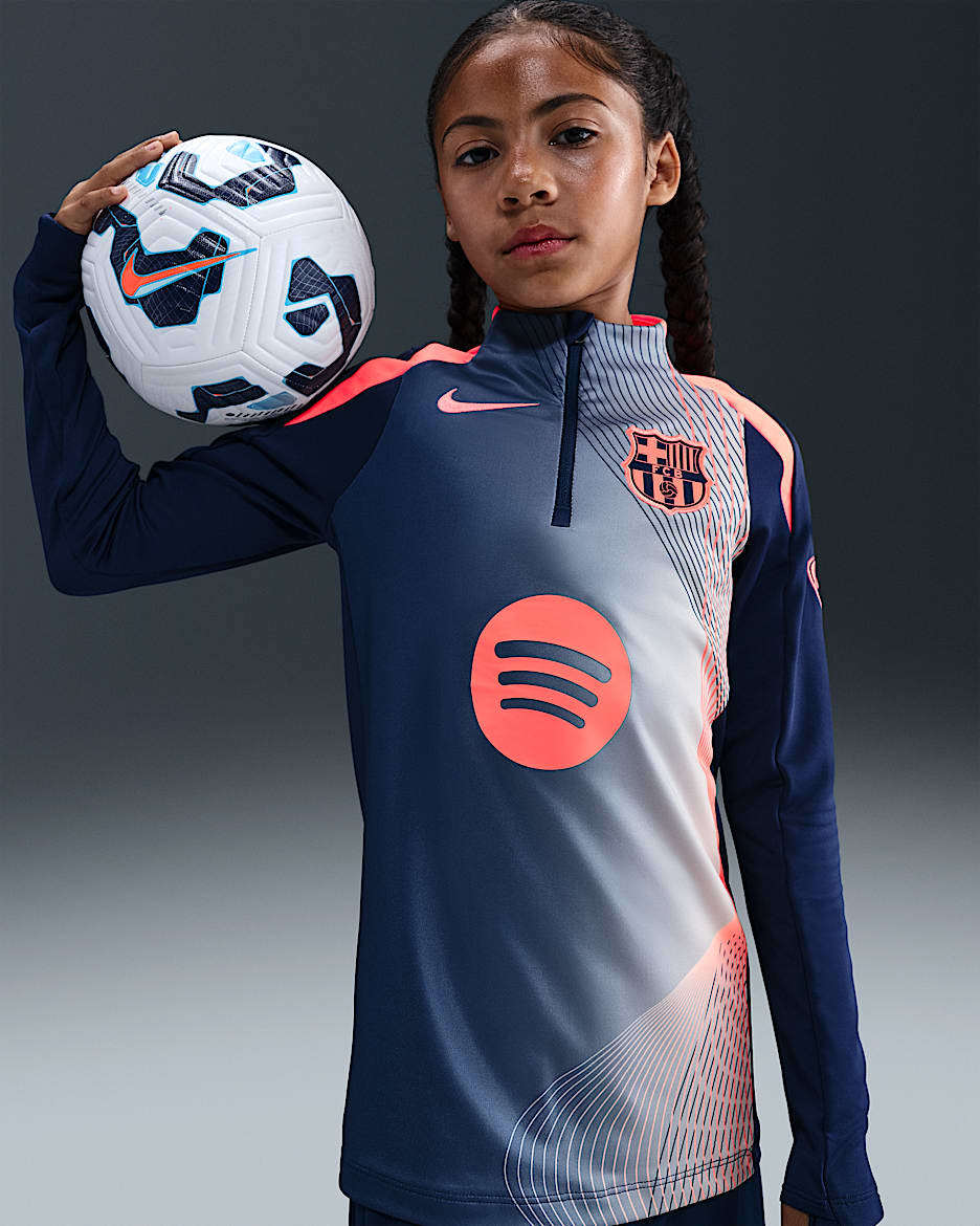 F.C. Barcelona Strike Third Older Kids' Nike Dri-FIT Total 90 Football Pre-Match Drill Top - Midnight Navy/Bright Mango
