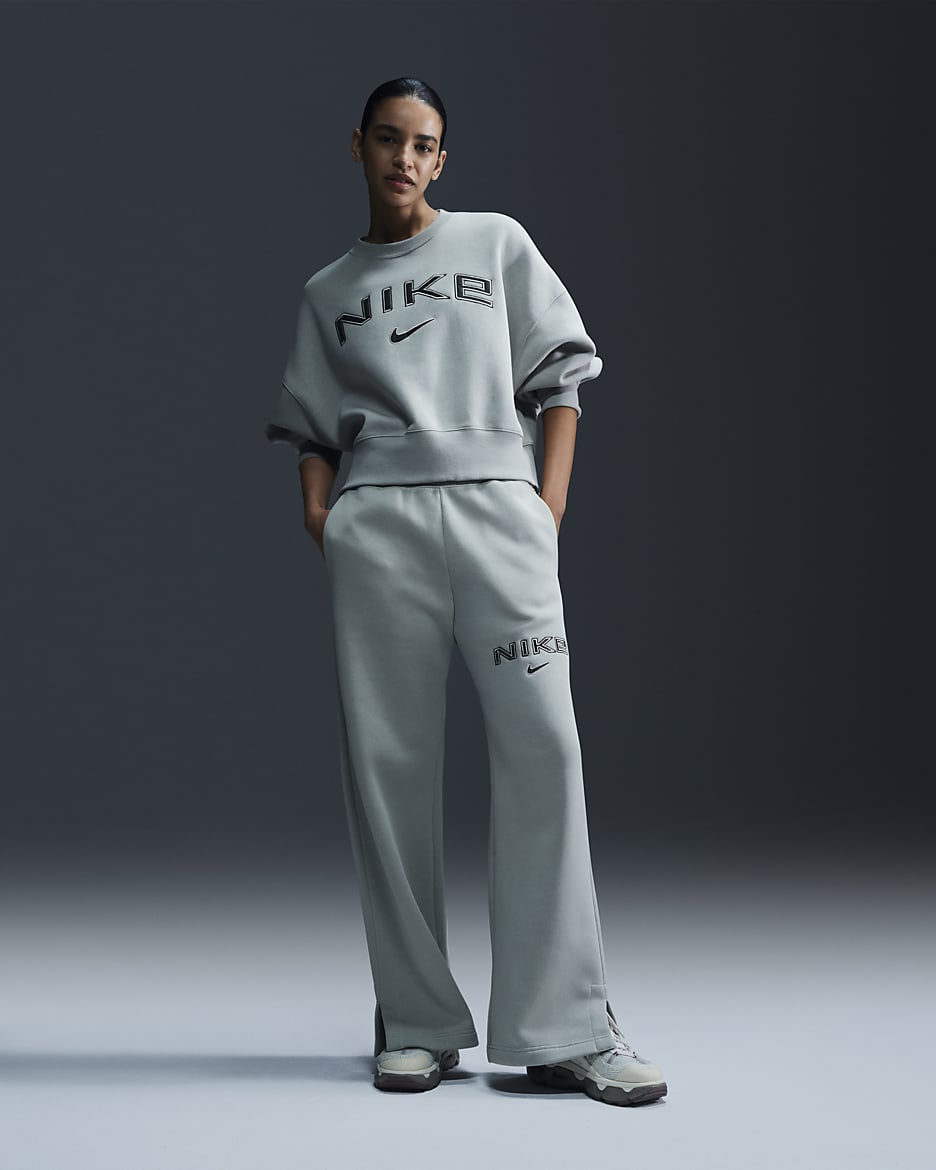 Pantaloni palazzo a vita alta con logo Nike Sportswear Phoenix Fleece – Donna - Jade Horizon