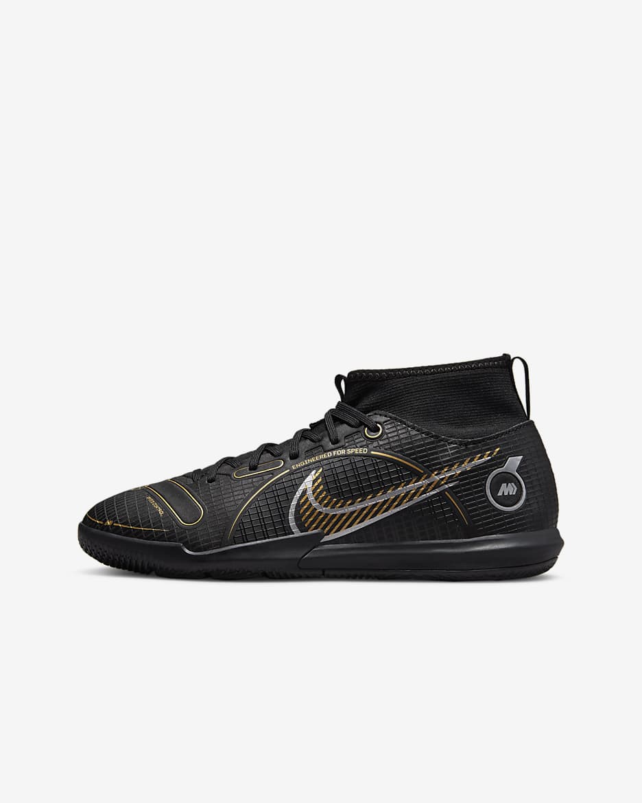 Nike Jr. Mercurial Superfly 8 Academy IC Little/Big Kids' Indoor/Court Soccer Shoes - Black/Metallic Silver/Medium Ash/Metallic Gold
